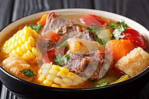 SancochoÃÂ is a traditional soup that is popular in several Latin American countries and which beef and vegetables close-up on a photo